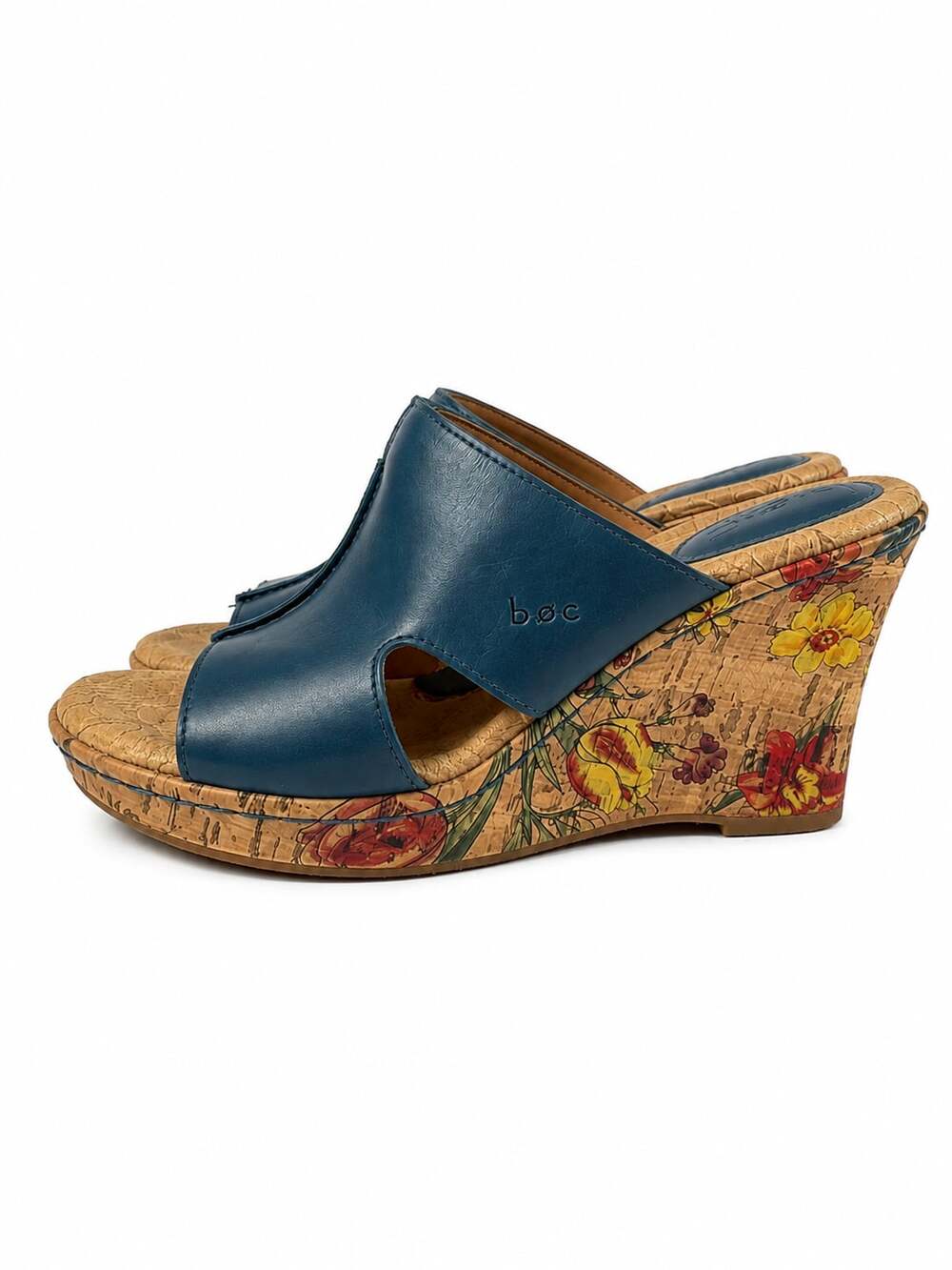 Boho b.o.c. Born Concept Blue Leather Floral Cork Wedge Sandals